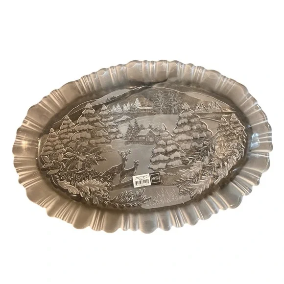 Mikasa Holiday Classics Crystal Embossed Serving Tray Deer Winter Scene - Picture 1 of 5